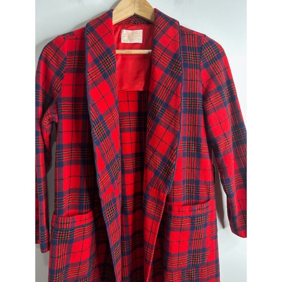 Vintage Pendleton Wool Plaid Full Length Robe Coat Blazer Red Classic Sz Small - Picture 2 of 8